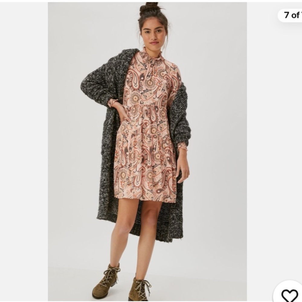 ANTHROPOLOGIE Cady Mock Neck Tiered Mini Dress Long Sleeves Paisley Peach Boho